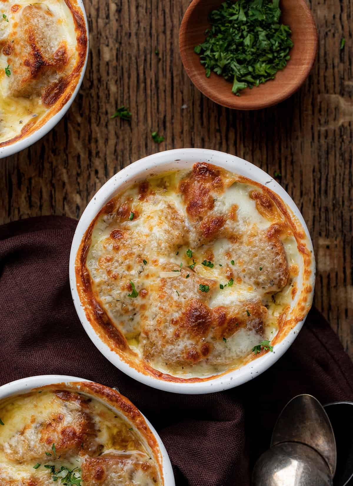 Bowls of Easy French Onion Soup from Overhead
