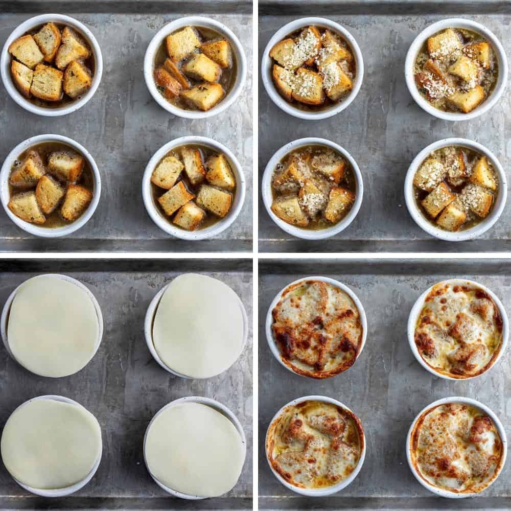 Steps for adding croutons, cheese, more cheese, and the broiling french onion soup