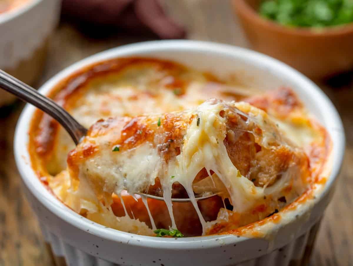 Spoon picking up cheesy croutons from cooked Easy French Onion Soup