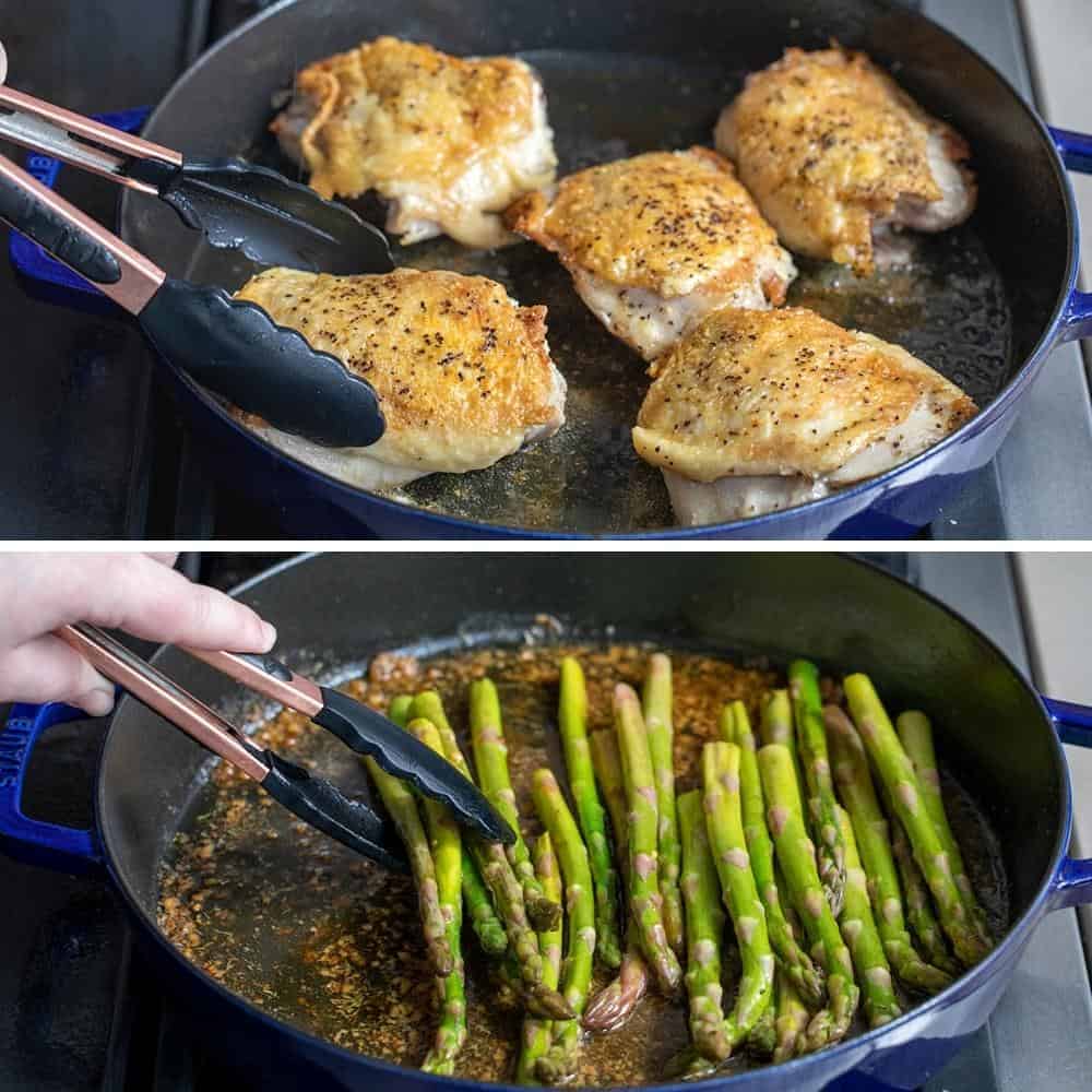 Chicken Thighs and Asparagus in a Skillet