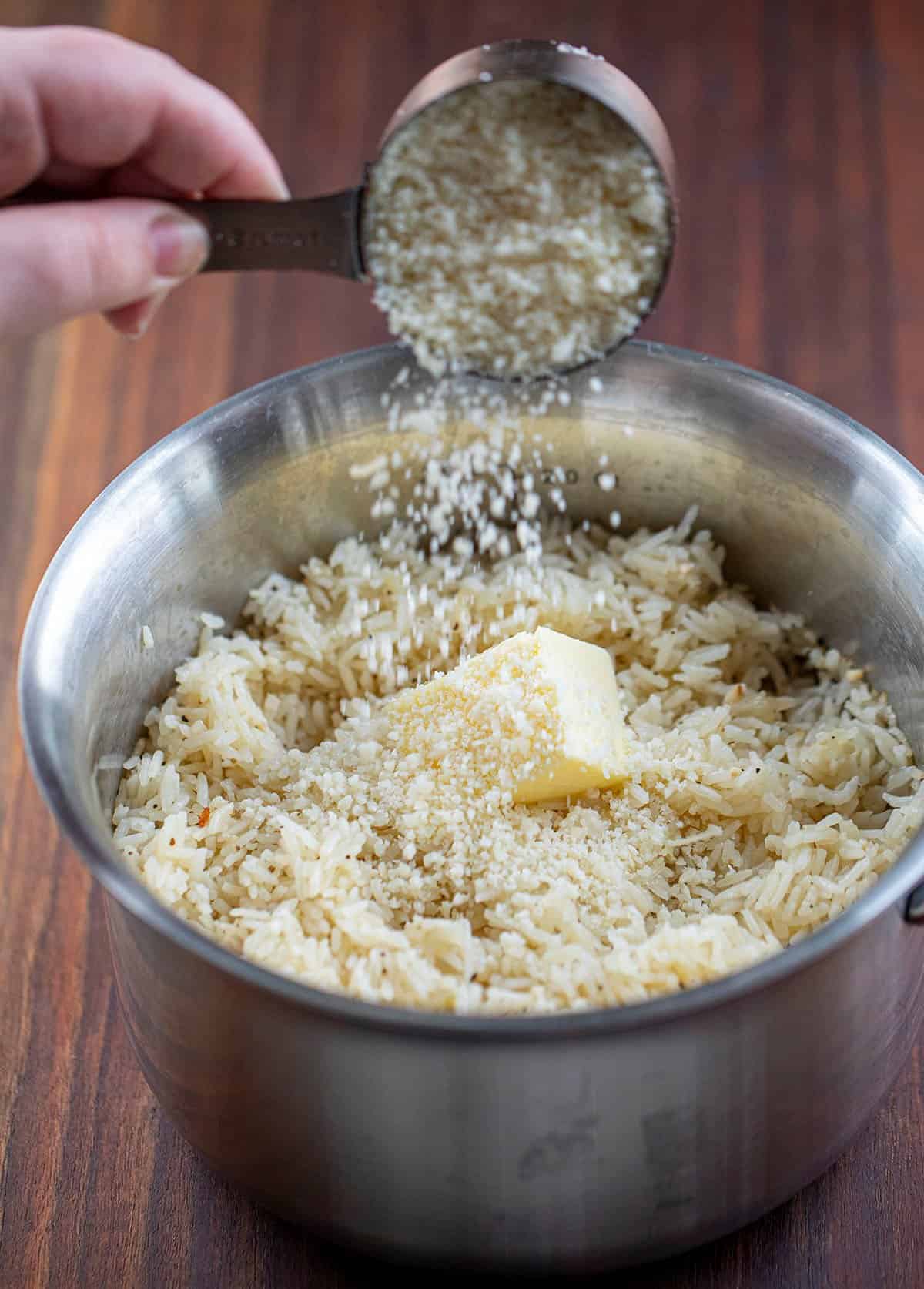 Adding Parmesan to Garlic Butter Rice Recipe