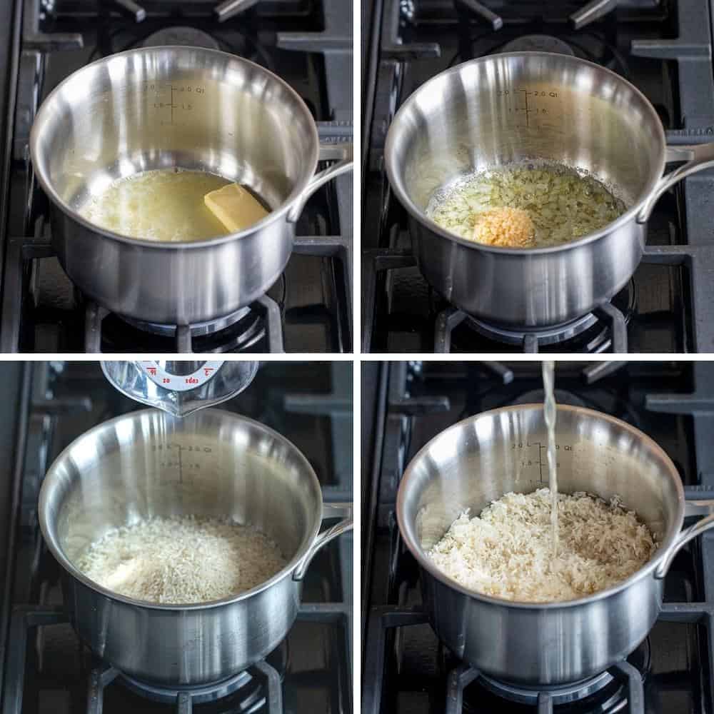 Steps for adding Ingredients To Pot On Burner for Parmesan Garlic Butter Rice Recipe
