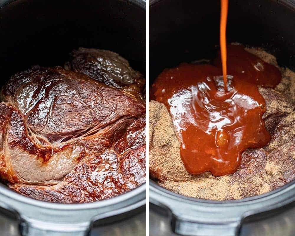 Adding Seared Beef to Slow Cooker and then Enchilada Sauce