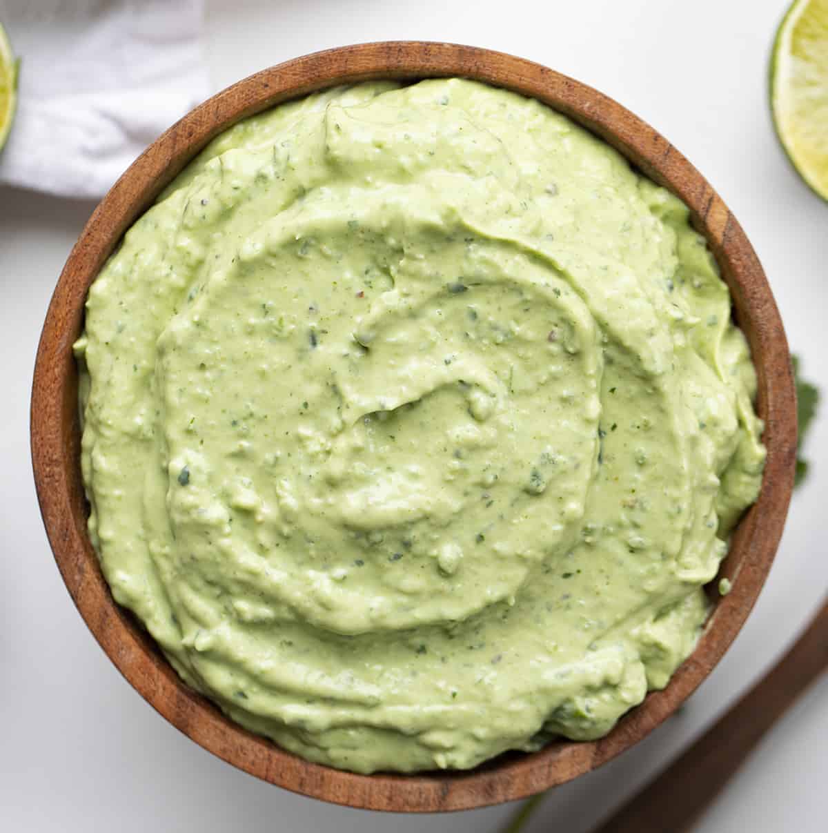 Bowl of Avocado Cream Sauce from Overhead Close Up