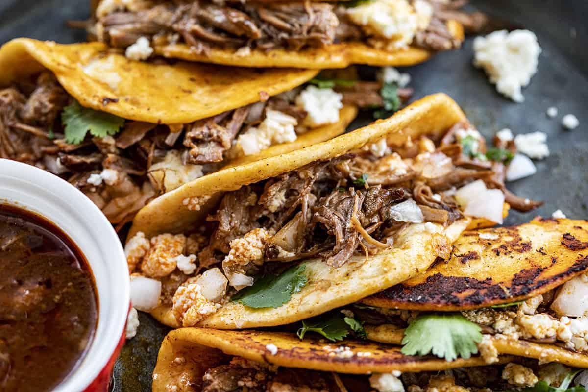 Close up of a Plate of Shredded Beef Tacos - Lazy Birria Tacos