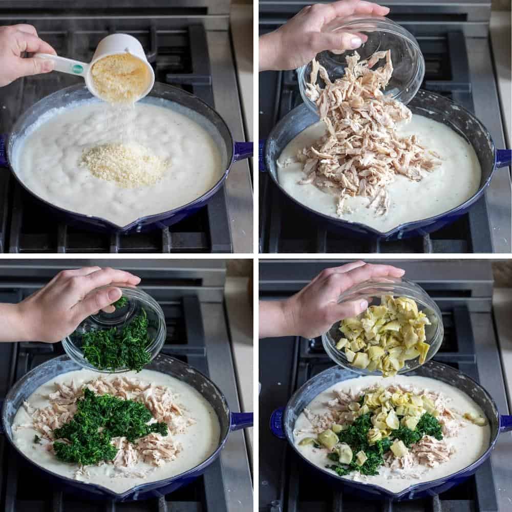 Steps for Adding Cheese, Chicken, Spinach, and Artichokes to make Sauce for Cheesy Spinach and Artichoke Lasagna.