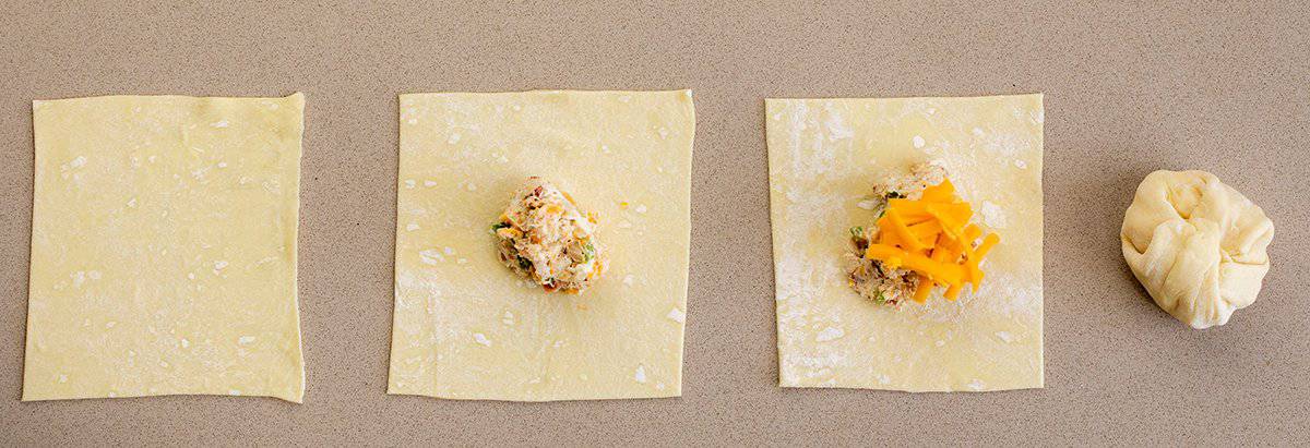 Steps for making Air Fryer Chicken Bacon Ranch Bombs with Puff pastry, filling, cheese, and then folded together