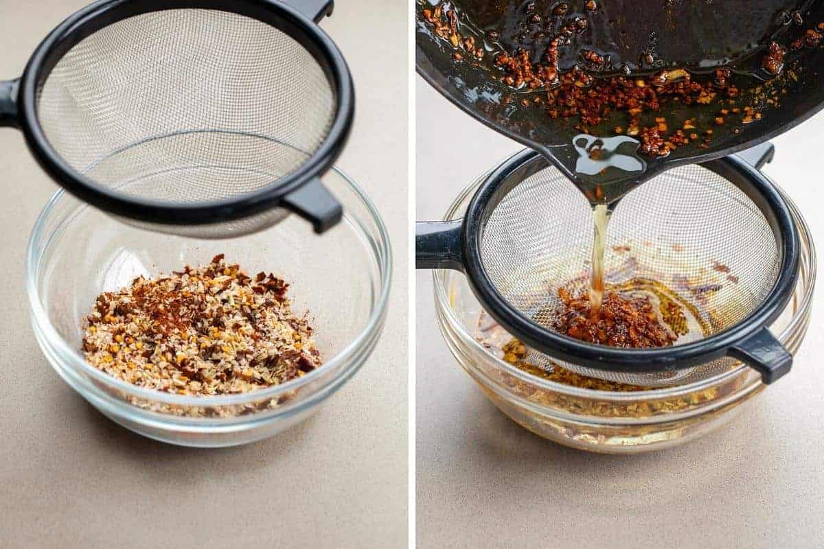 Adding Oil to Spices to Create Garlic Chili Oil