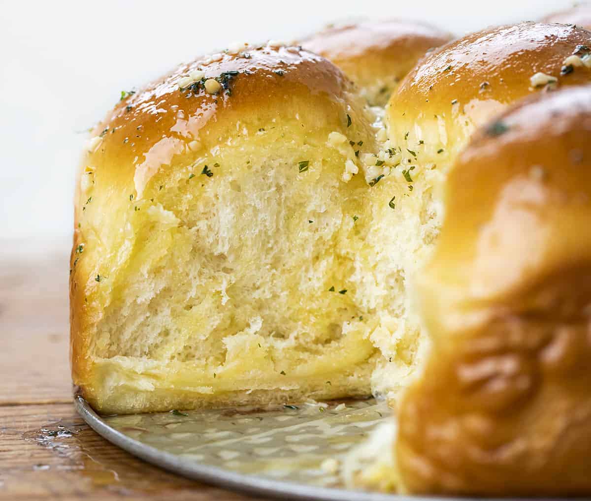 Close up of Garlic Butter Japanese Milk Bread Roll