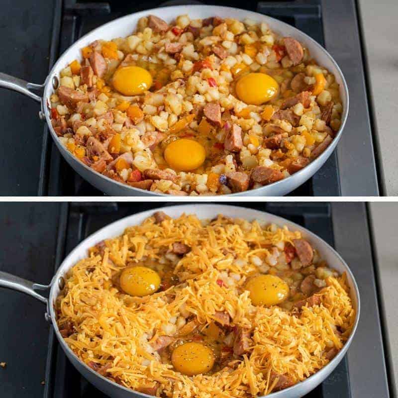 Steps for Adding Eggs and Cheese to Kielbasa Breakfast Hash