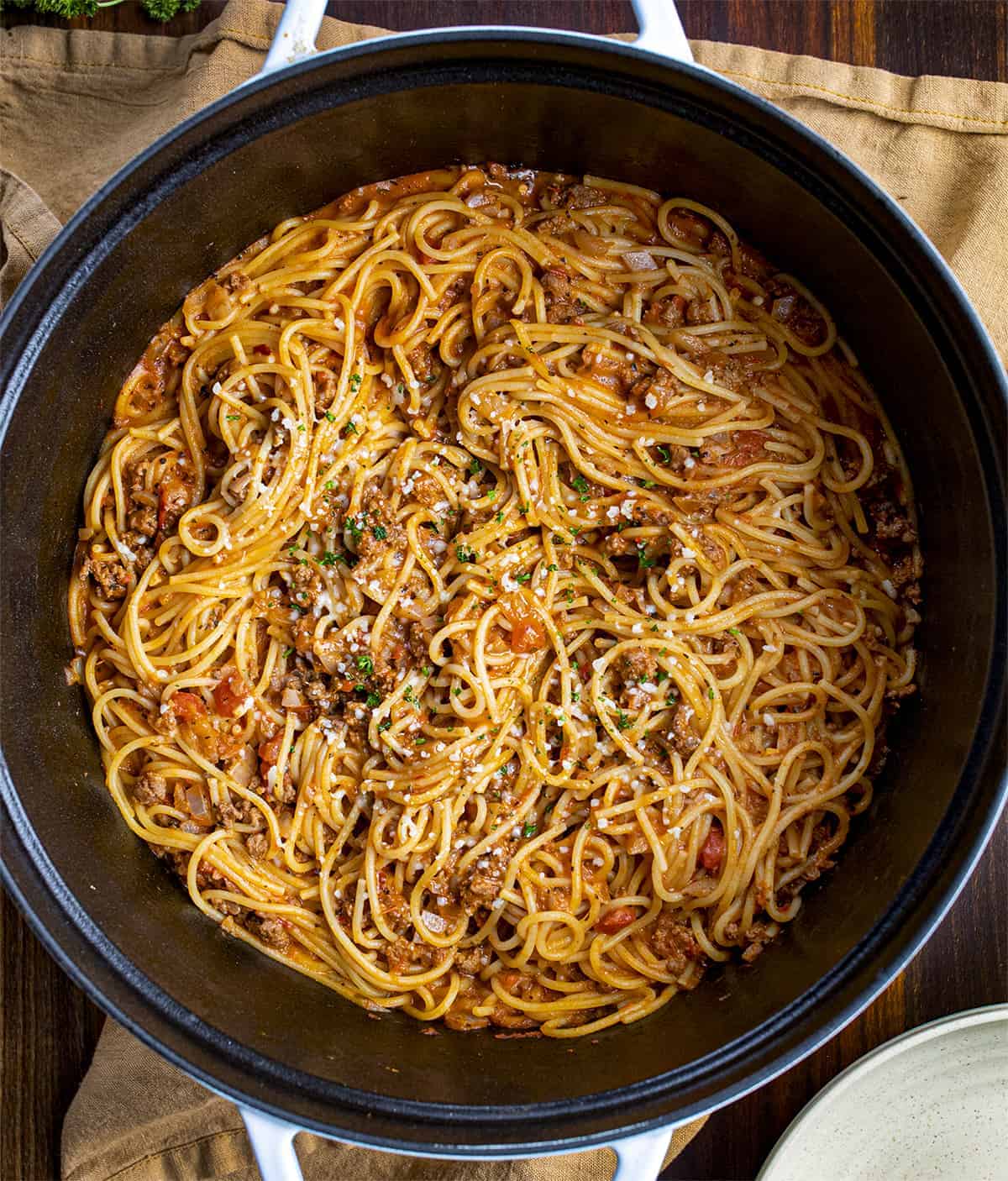 Overhead of a Pot filled with One Pot Spaghetti 