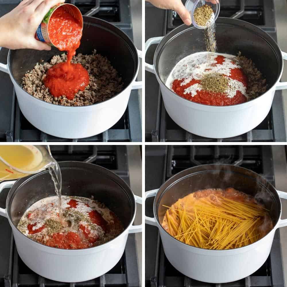 Adding tomato to ground beef, then seasonings, then broth, and then noodles in a collage of process steps to make One Pot Spaghetti