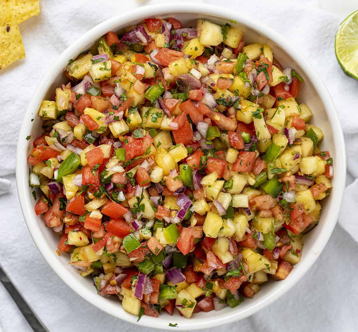 Overhead image of Assembled Pineapple Salsa on White Towel