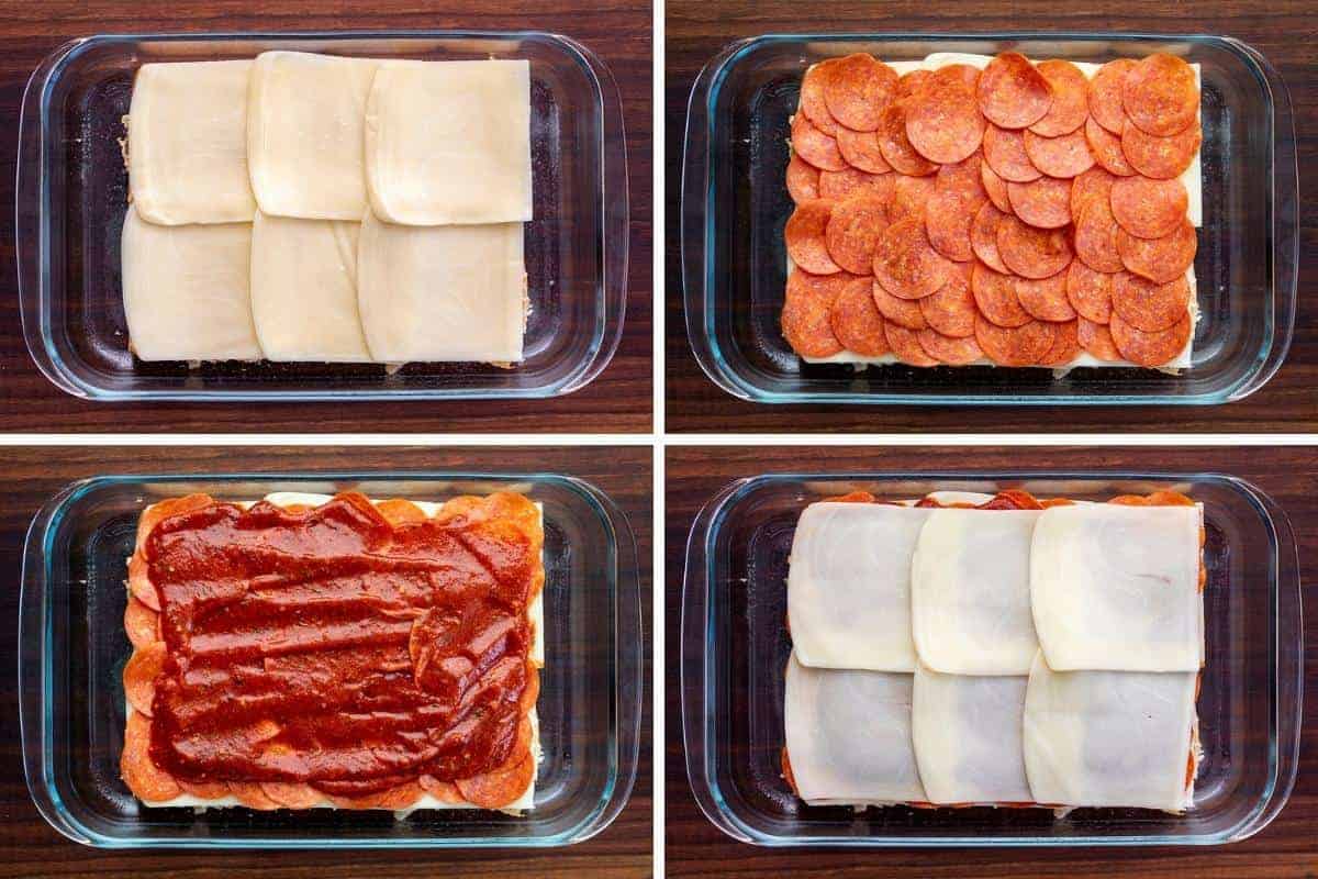Steps for Adding Cheese, Pepperoni, Pizza Sauce, and More Cheese When Making Pizza Sliders