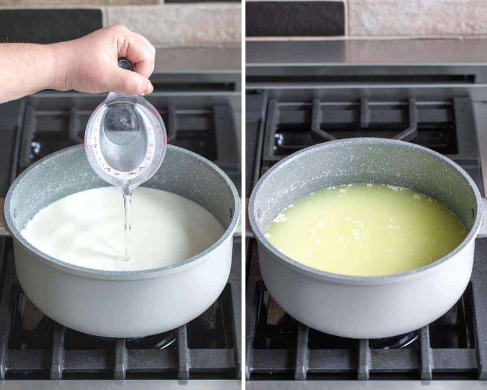 Showing how to add vinegar to milk to make Queso Fresco