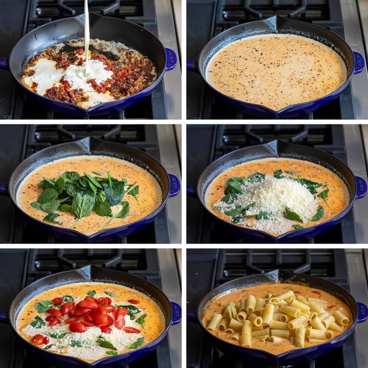 Process for Adding all of the Ingredients to Make Tuscan Chicken Pasta in a Skillet