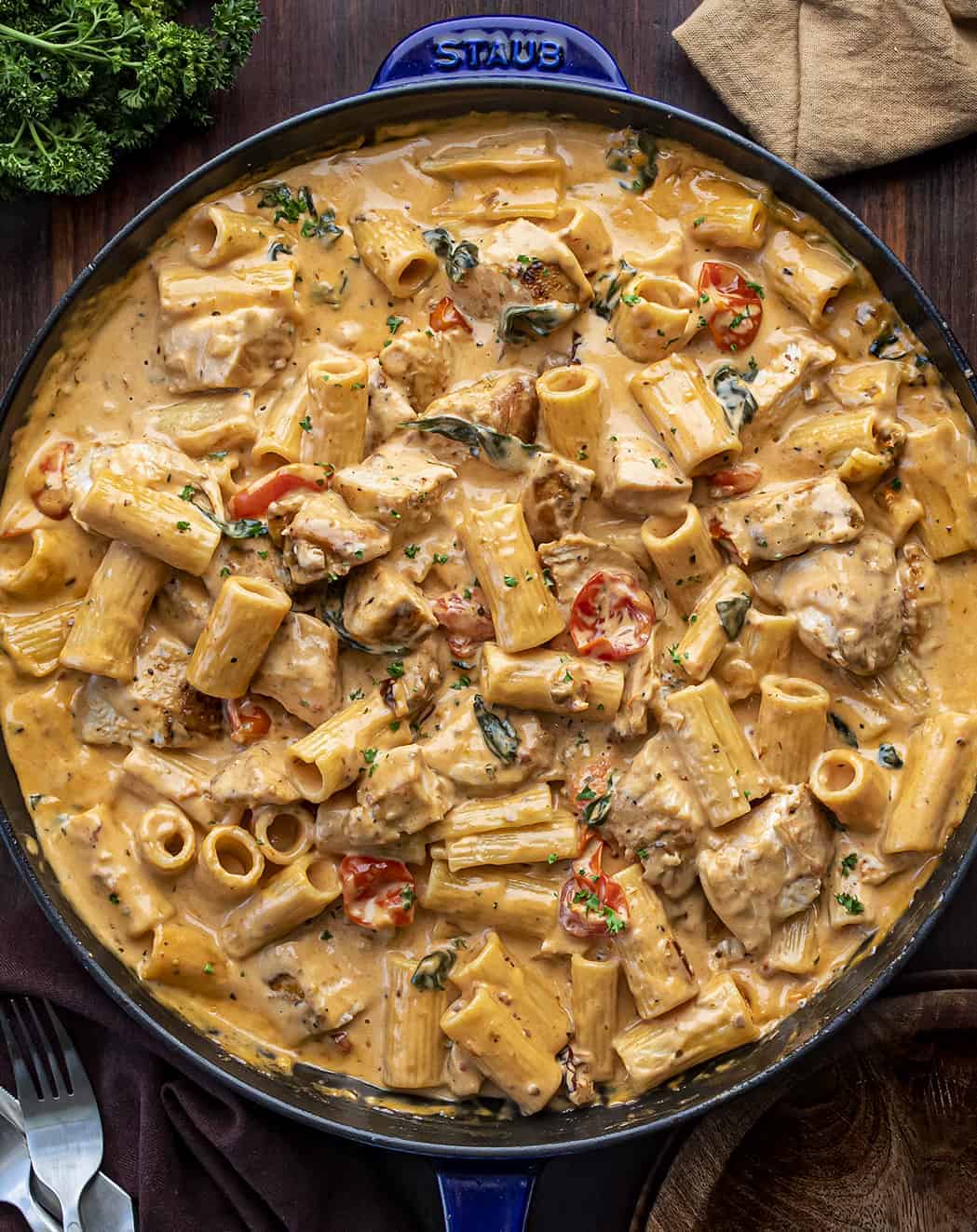 Overhead of a Skillet of Tuscan Chicken Pasta Recipe