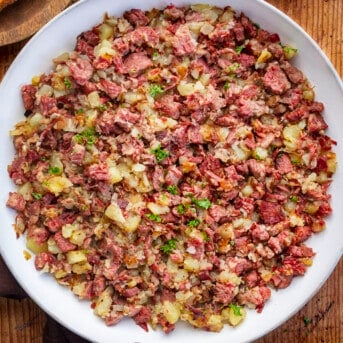 Overhead Image of a Skillet of Corned Beef Hash