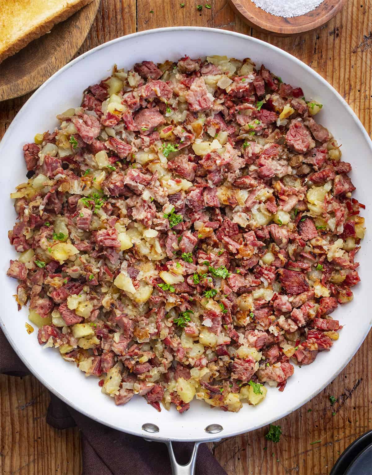 Overhead Image of a Skillet of Corned Beef Hash 
