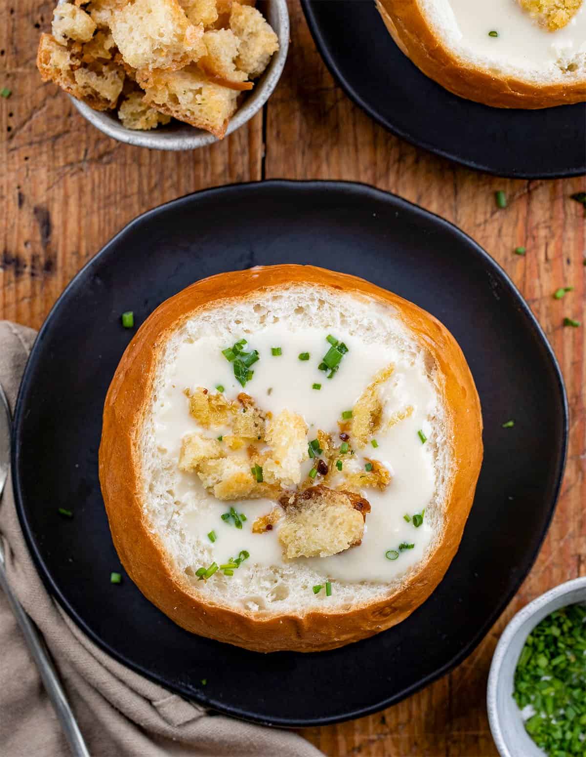 Overhead image of 100 Clove Roasted Garlic Soup with Croutons.