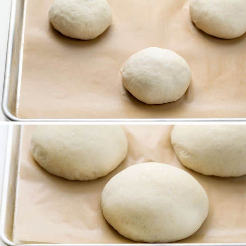 Bread Bowl Dough on a Sheet Pan Before and After Rising.