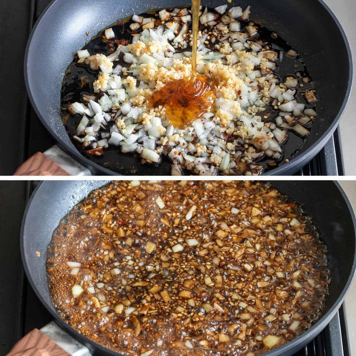 Making Sauce in a Skillet for Honey Garlic Chicken Thighs.