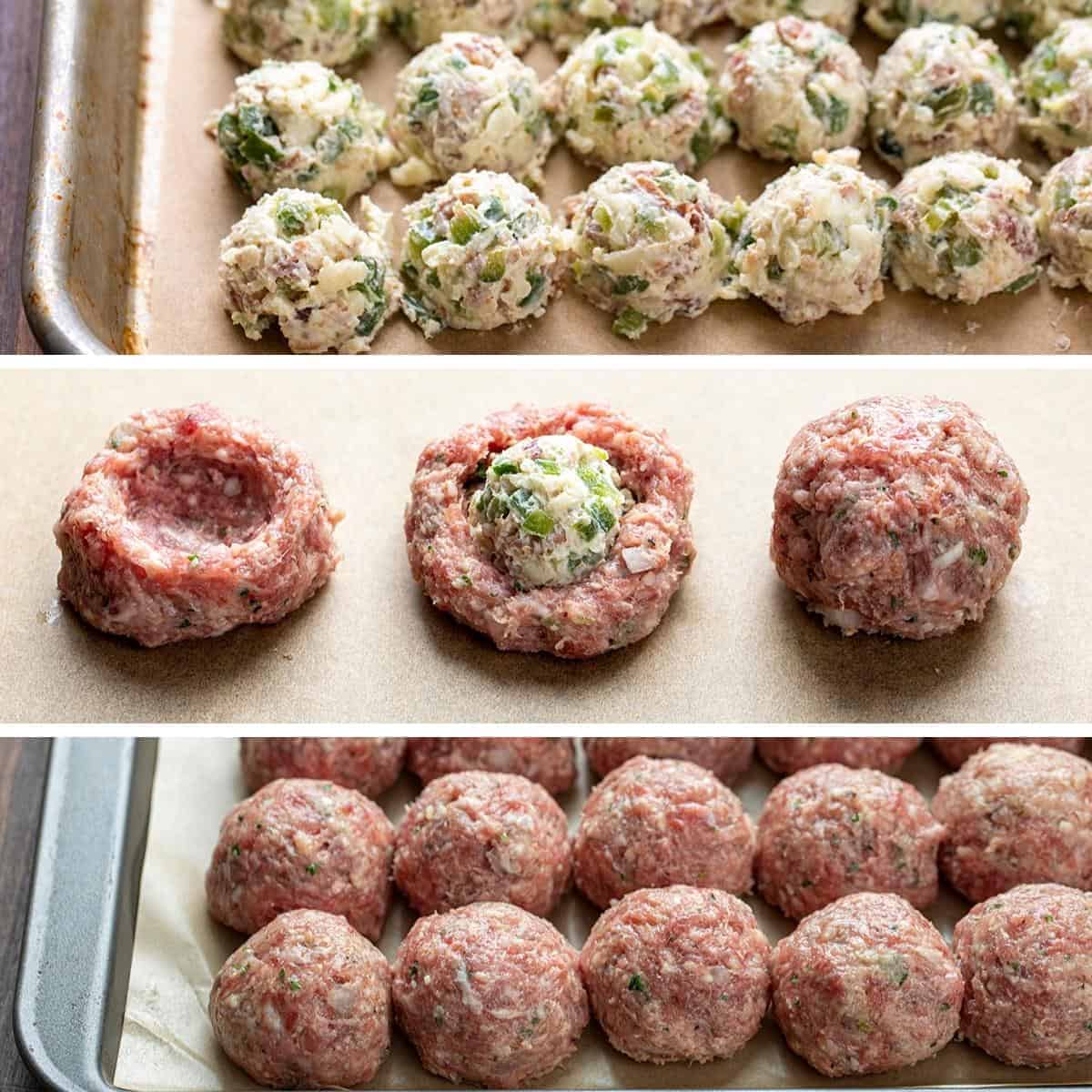 Process for filling, stuffing, and forming Jalapeno Popper Stuffed Meatballs