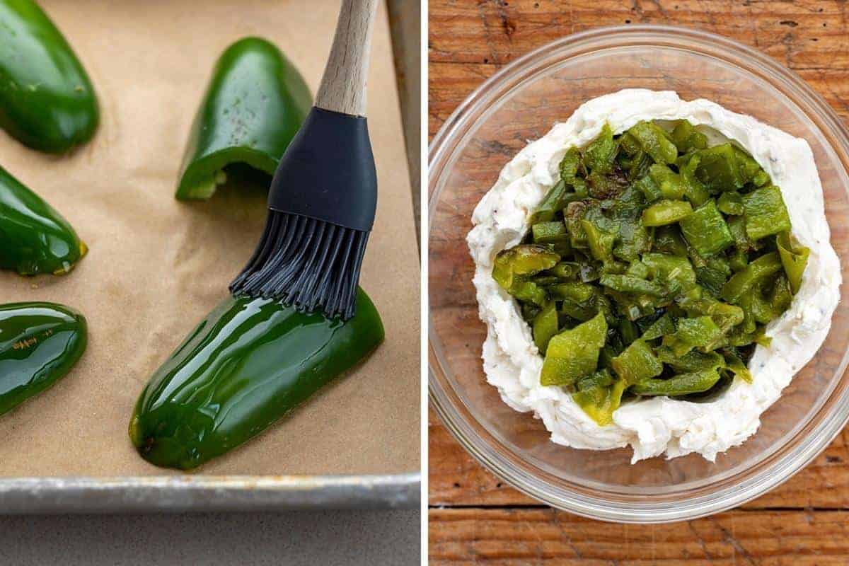 Brushing Oil on Jalapenos and then Mixing into Cream Cheese to Make Roasted Jalapeno Popper Grilled Cheese