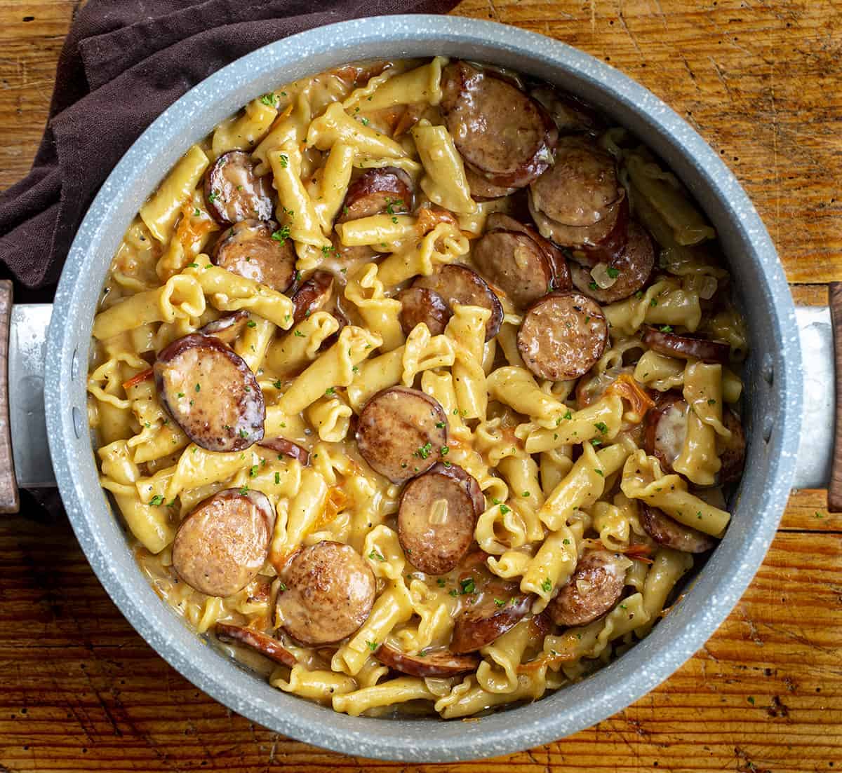 Overhead image of One Pot Spicy Sausage on a Cutting Board.