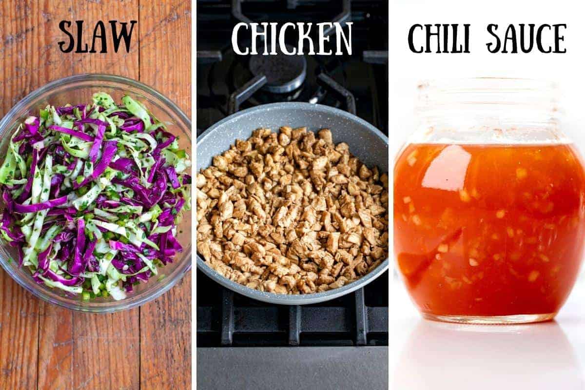 Ingredients Needed to Make Chicken Wonton Tacos - the slaw, chicken, and chili sauce in a collage.