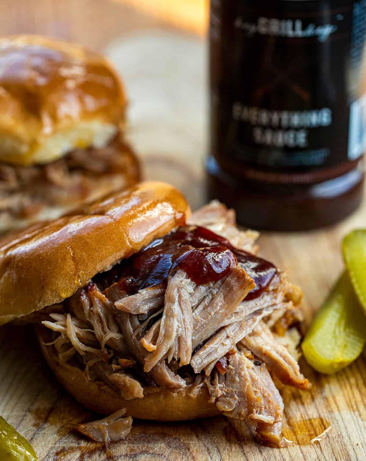 Pulled Pork Sandwich with Pickles and BBQ Sauce