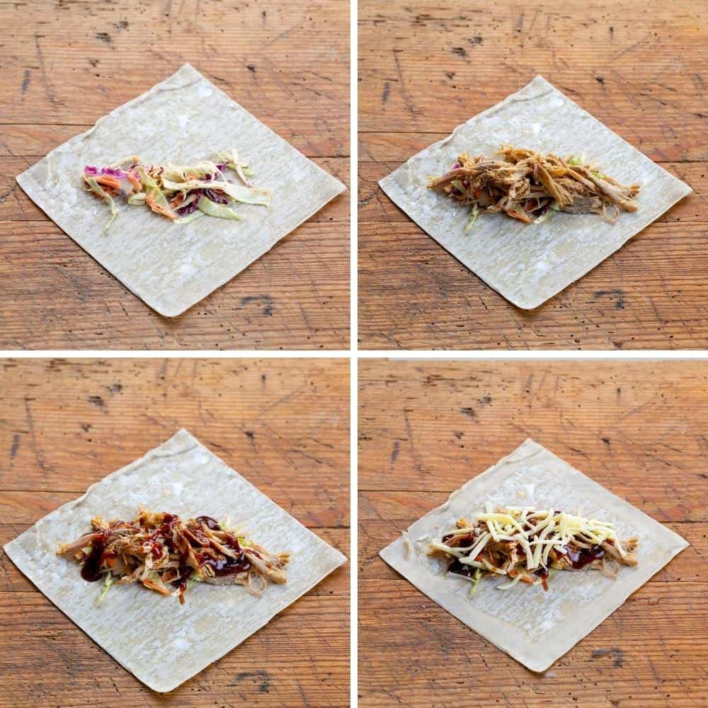 Process Steps for adding slaw, pulled pork, bbq sauce, and cheese to make Air Fryer Pulled Pork Egg Rolls