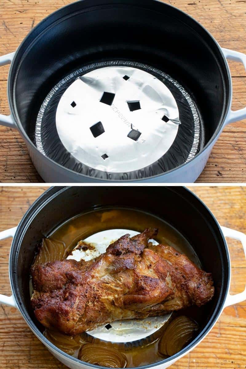 Method for Making Pulled Pork in the Oven showing a pie tin with holes and then a cooked pork on top