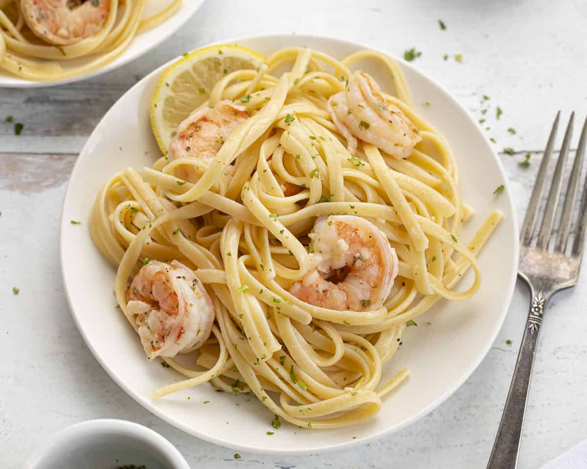 White Plate with Easy Shrimp Scampi on It
