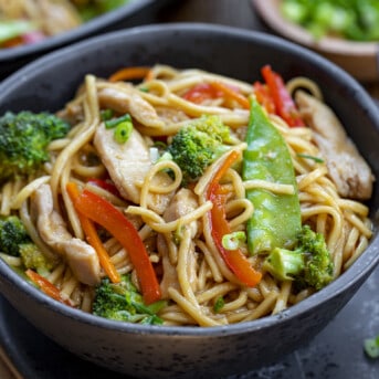 Bowl of Chicken Lo Mein. Dinner, Supper, How to Make Lo Mein, Chicken Lo mein, Chicken thigh Lo Mein, American Lo Mein, Noodles, Asian Inspired Lo Mein, The Best Lo Mein, i am homesteader, iamhomesteader