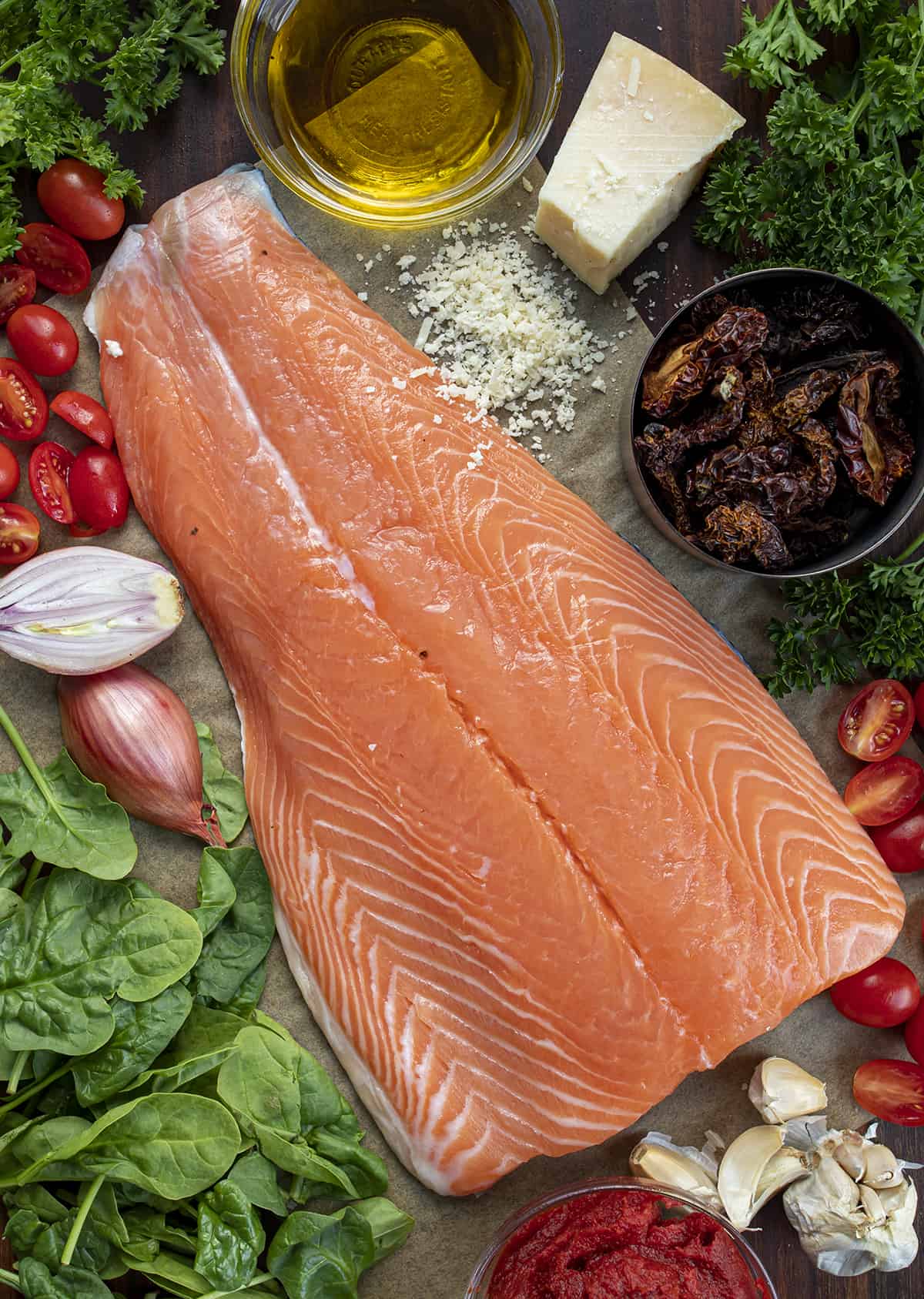 Raw Ingredients for Creamy Tuscan Salmon. Salmon Recipes, Dinner, Supper, How to Cook Salmon, Comfort Food, dinner recipes, salmon tuscan, i am homesteader, iamhomesteader.