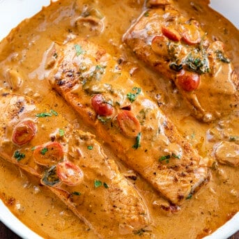 Pan of Creamy Tuscan Salmon. Salmon Recipes, Dinner, Supper, How to Cook Salmon, Comfort Food, dinner recipes, salmon tuscan, i am homesteader, iamhomesteader.