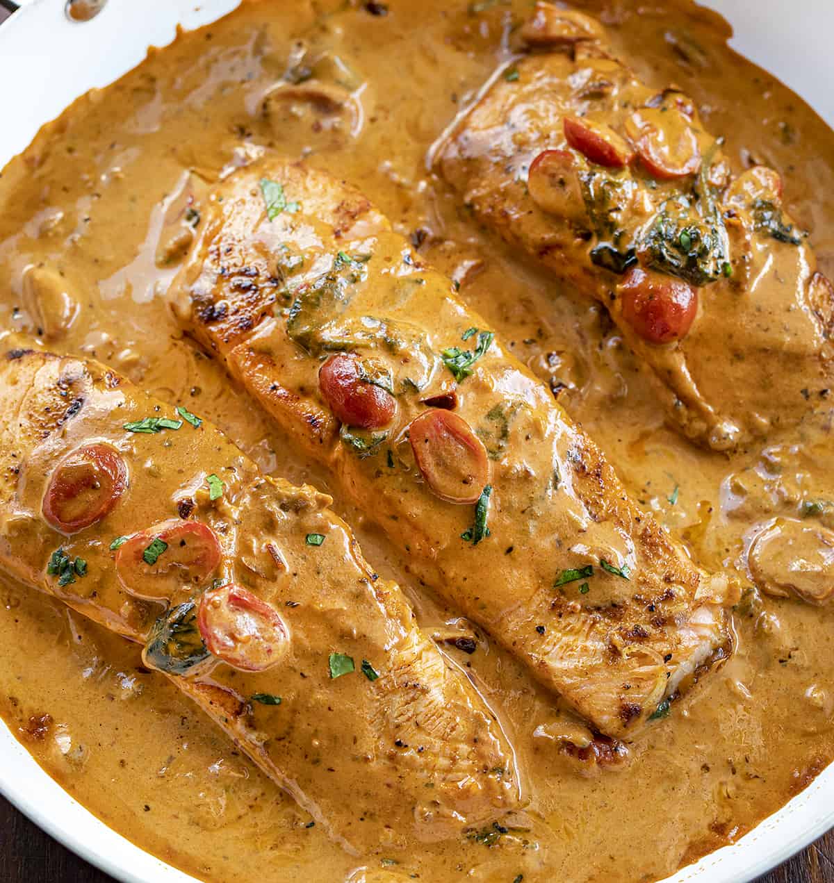 Pan of Creamy Tuscan Salmon. Salmon Recipes, Dinner, Supper, How to Cook Salmon, Comfort Food, dinner recipes, salmon tuscan, i am homesteader, iamhomesteader.