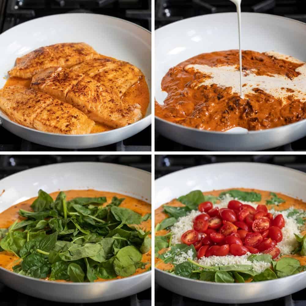 Salmon, sauce, and then added fresh ingredients into pan to make Creamy Tuscan Salmon. Salmon Recipes, Dinner, Supper, How to Cook Salmon, Comfort Food, dinner recipes, salmon tuscan, i am homesteader, iamhomesteader.