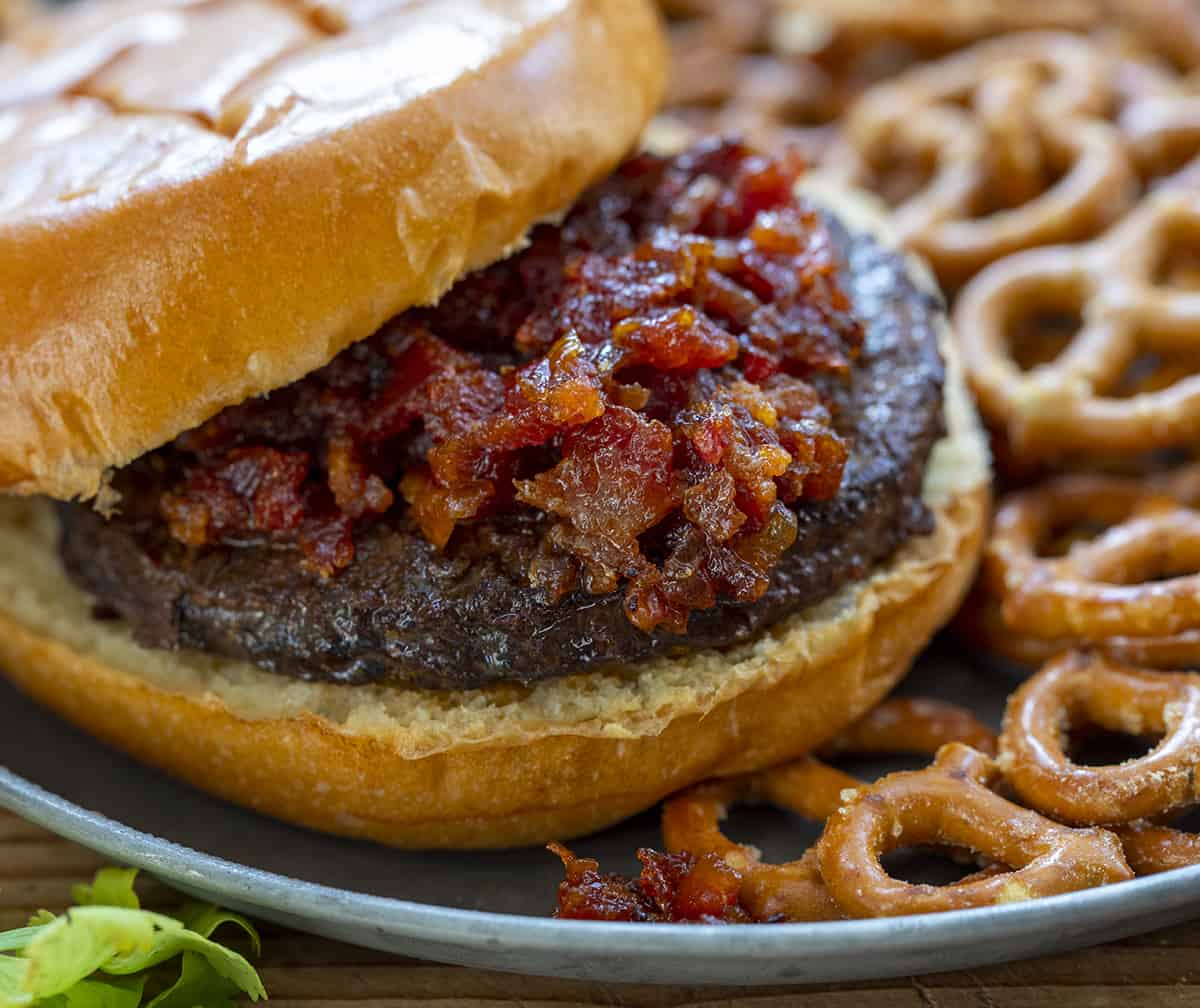 Burger with Tomato Bacon Jam on It. Jam, Bacon Jam, Tomato Bacon Jam, Bacon Marmalade, Bacon Jam Recipe, Appetizer, Super Bowl Appetizer, Game Day Food, Best Appetizers, Best Burger Toppings, i am homesteader, iamhomesteader