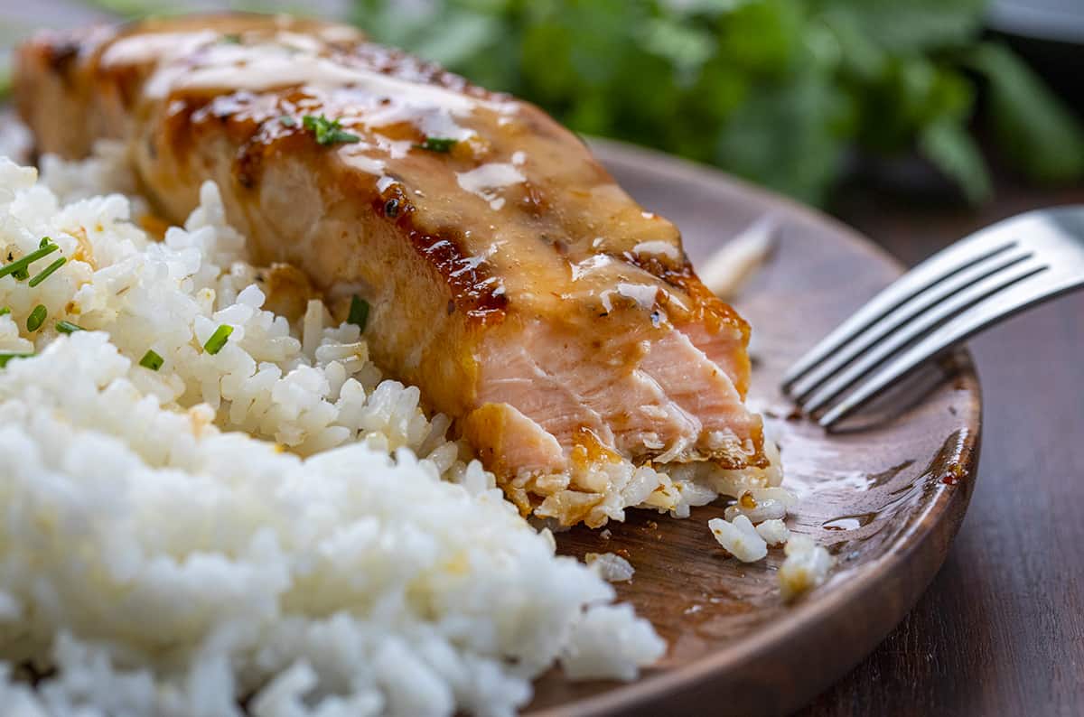 Piece of Bang Bang Salmon on a Plate with Bite Removed. Dinner, Supper, Salmon, Salmon Recipes, Sweet Salmon, Bang Bang Sauce, Easy Dinner Ideas, Salmon Recipe Ideas, Salmon Fillets, Skin On Salmon, i am homesteader, iamhomesteader