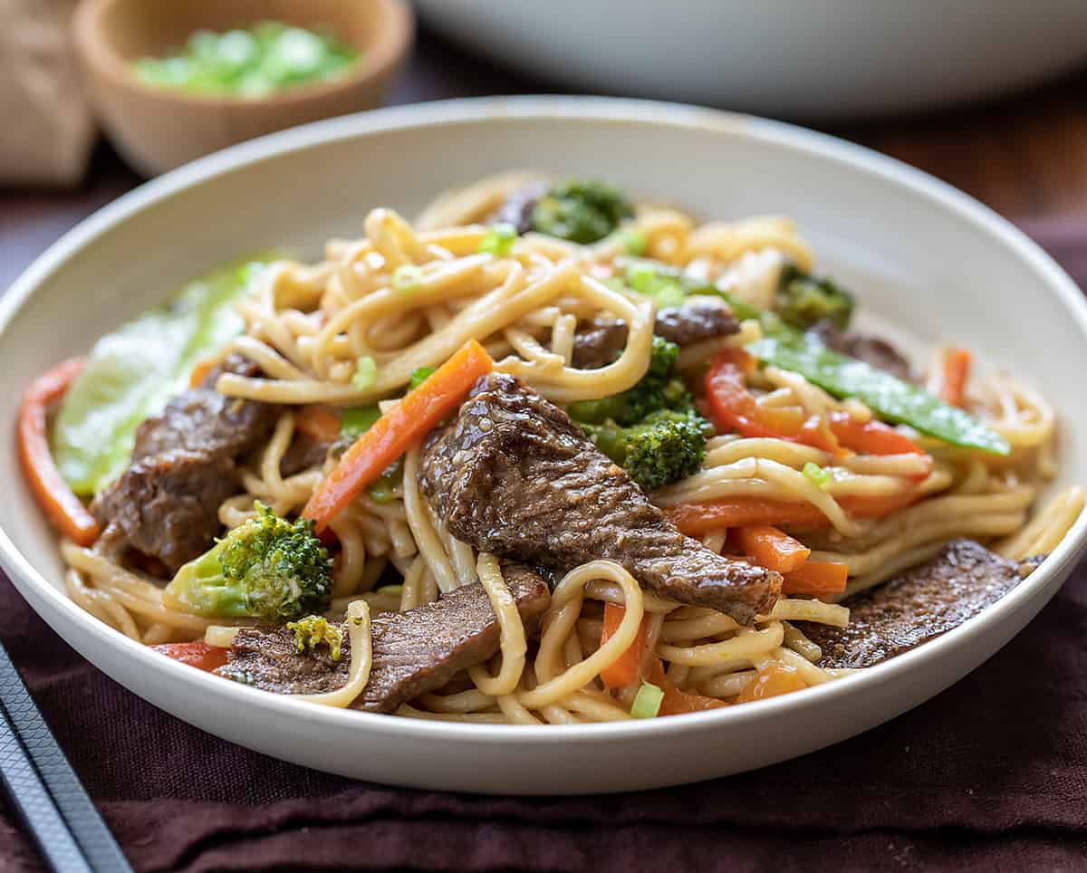 Plate of Beef Lo Mein.