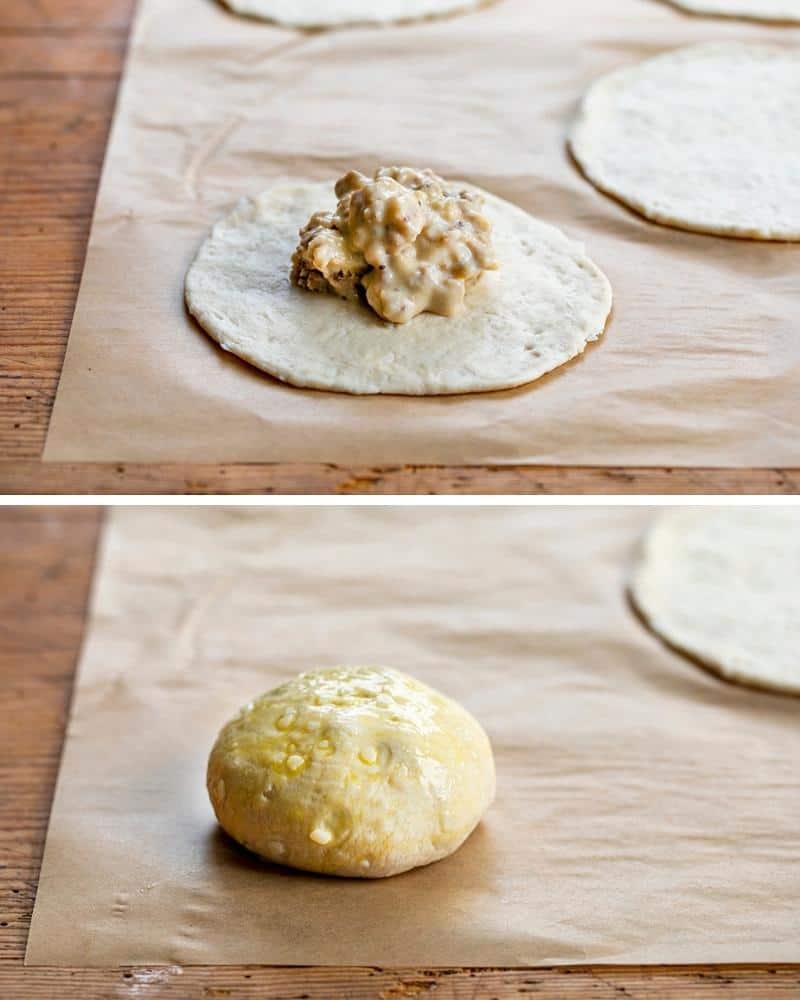 Steps for Making Biscuits and Gravy Bombs Adding Sausage and then Folding Biscuit into a Ball. Breakfast, Breakfast Recipes, Biscuits and Gravy, How to Make Sausage Gravy, Canned Biscuit Recipes, Biscuits and Gravy hand Pies, Breakfast Bombs, Gravy Inside Biscuit, Breakfast Ideas for Kids, Easy Breakfast for School Mornings, i am homesteader, iamhomesteader
