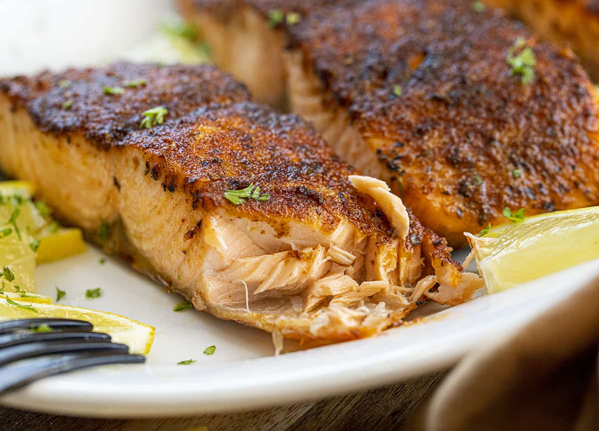 Juicy Salmon with a Bite Removed. Dinner, Supper, Salmon Recipes, Blackened Salmon, Air Fryer Recipes, How to Make Salmon in the Air Fryer, Baked Salmon, Baked Blackened Salmon, i am homesteader, iamhomesteader