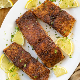 Overhead Image of Blackened Salmon on a Platter. Dinner, Supper, Salmon Recipes, Blackened Salmon, Air Fryer Recipes, How to Make Salmon in the Air Fryer, Baked Salmon, Baked Blackened Salmon, i am homesteader, iamhomesteader