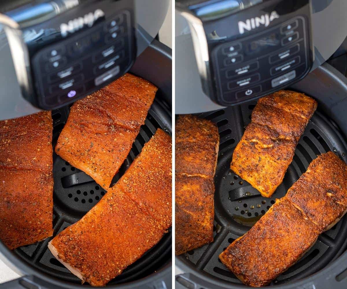 Air Fryer Blackened Salmon before and After Frying. Dinner, Supper, Salmon Recipes, Blackened Salmon, Air Fryer Recipes, How to Make Salmon in the Air Fryer, Baked Salmon, Baked Blackened Salmon, i am homesteader, iamhomesteader