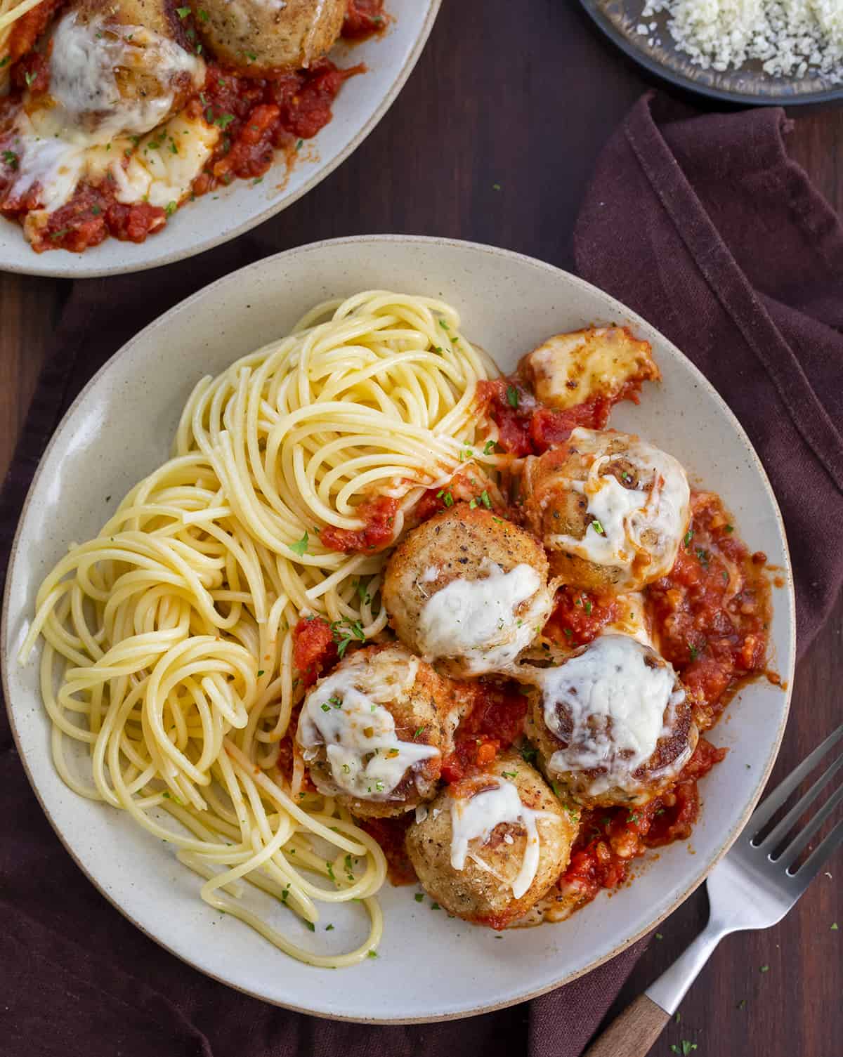 Plate of spaghetti and Chicken Parmesan Meatballs in Marinana. Dinner, Supper, Meatballs, Chicken Meatballs, Chicken Parmesan Meatballs, Chicken Meatball Recipes, Chicken, Chicken Recipes, Christmas Dinner, i am homesteader, iamhomesteader