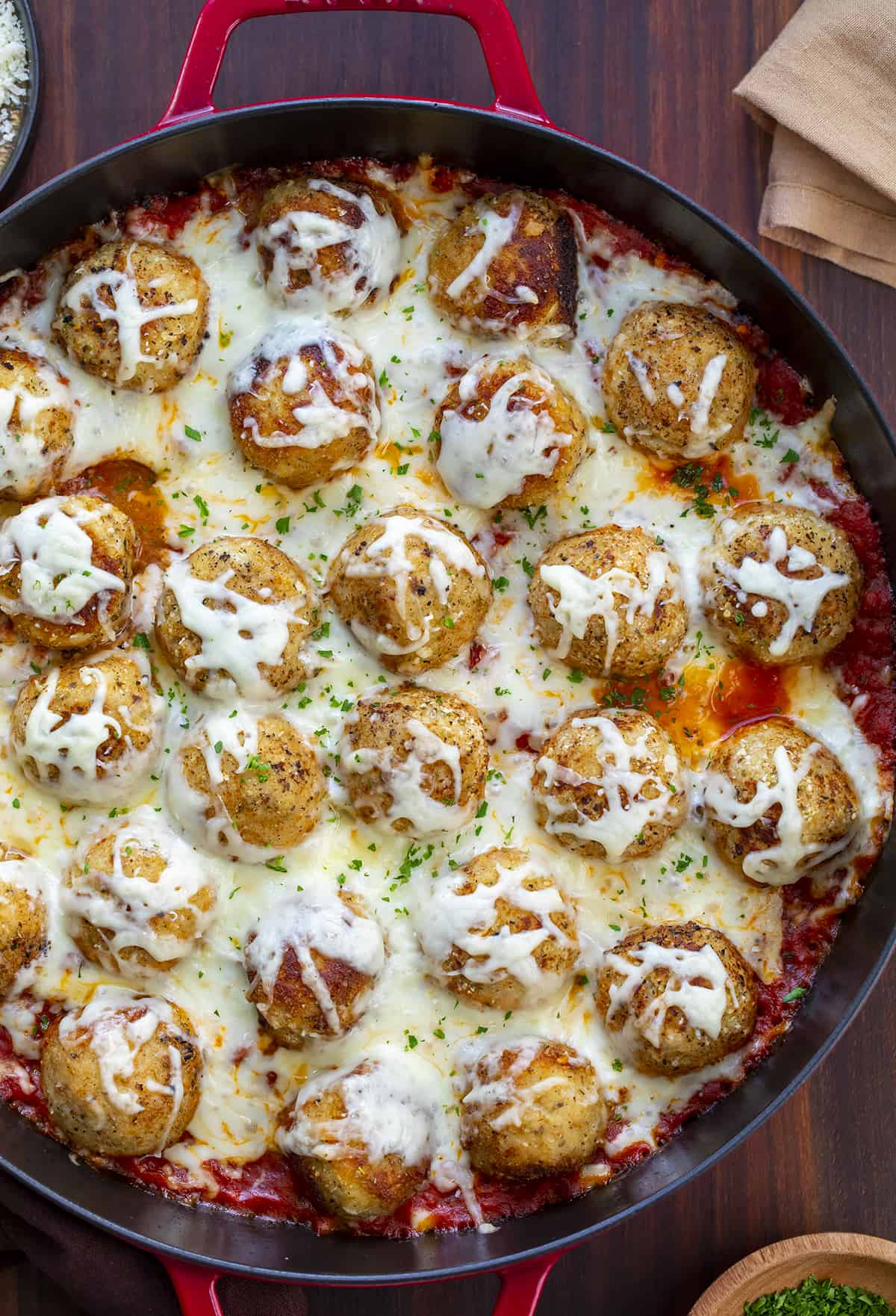 Skillet of Chicken Parmesan Meatballs with Cheese. Dinner, Supper, Meatballs, Chicken Meatballs, Chicken Parmesan Meatballs, Chicken Meatball Recipes, Chicken, Chicken Recipes, Christmas Dinner, i am homesteader, iamhomesteader