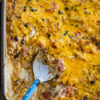 Pan of Chicken Taco Casseroel with Some Missing and Spoon in the Pan. Dinner, Supper, Easy Chicken Recipes, Casseroles, Casserole Recipes, Dinner for a Family, Dinner Ideas, Supper Ideas, Chicken Recipe ideas, i am homesteader, iamhomesteader