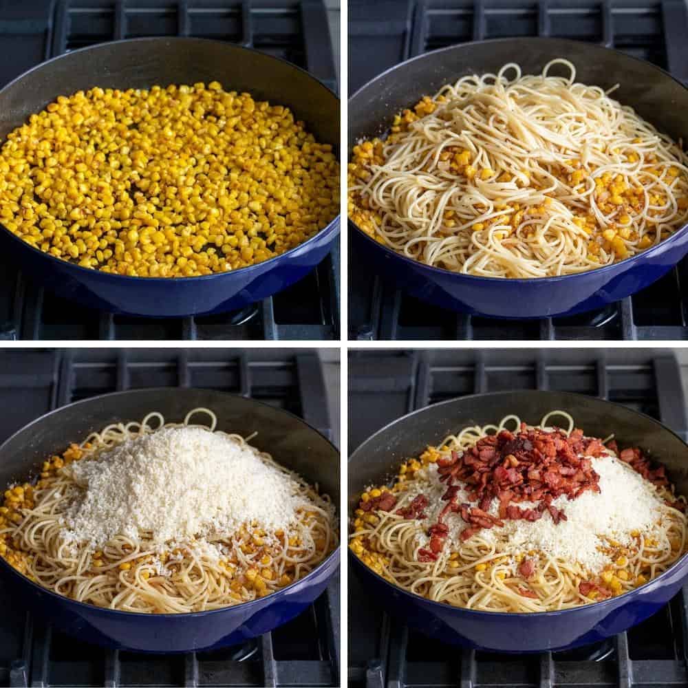Steps for Making Corn Bacon Pasta, Roasted Corn, Spaghetti, Parmesan, and Bacon Being Added. Dinner, Supper, Spaghetti Recipes, Corn Bacon Spaghetti, Corn Bacon Pasta, Corn Bacon Carbonara, Creamy Pasta, Creamy Spaghetti, Easy Pasta Recipes, Meatless Casserole, i am homesteader, iamhomesteader
